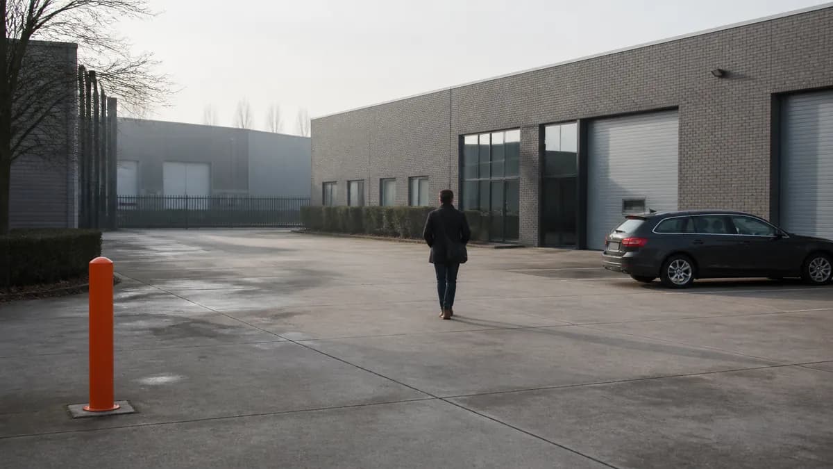 Vertegenwoordiger loopt van zijn geparkeerde wagen naar de ingang van een bedrijf op een industrieterrein