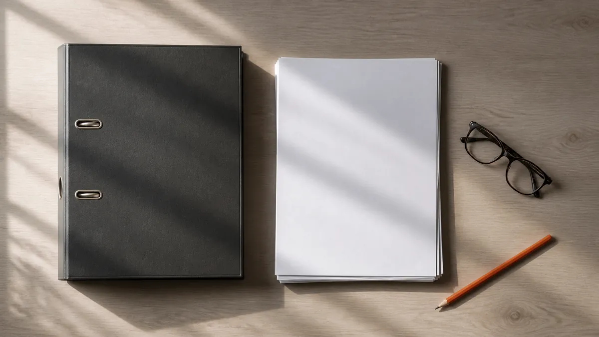 Ordner en een stapel papieren op een bureau, klaar om de onkosten van vorig jaar af te werken