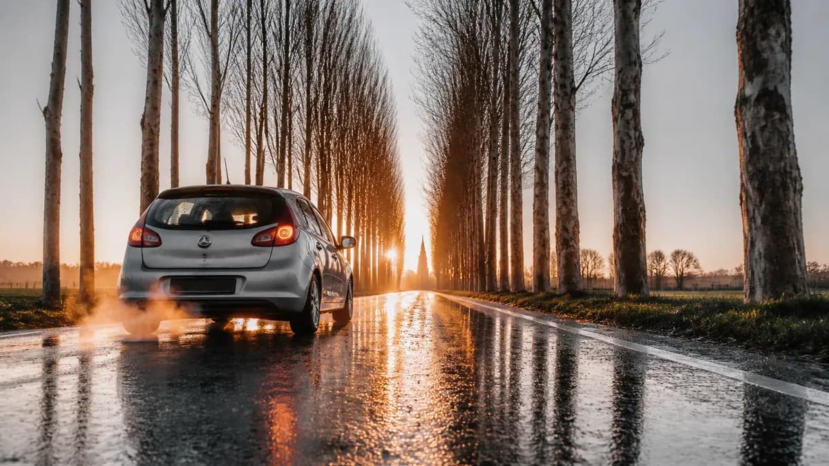 Auto op een Belgische landweg bij zonsopgang, onderweg voor een dienstverplaatsing
