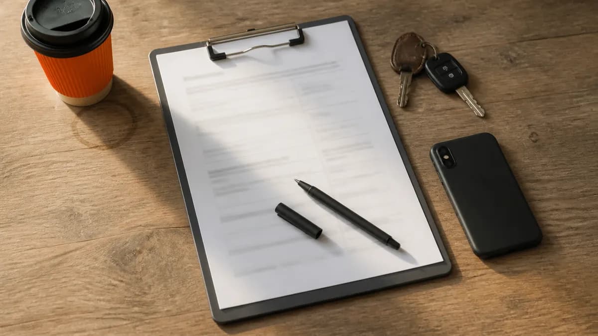 Blanco formulier op een klembord met pen, autosleutels en smartphone op een houten bureau