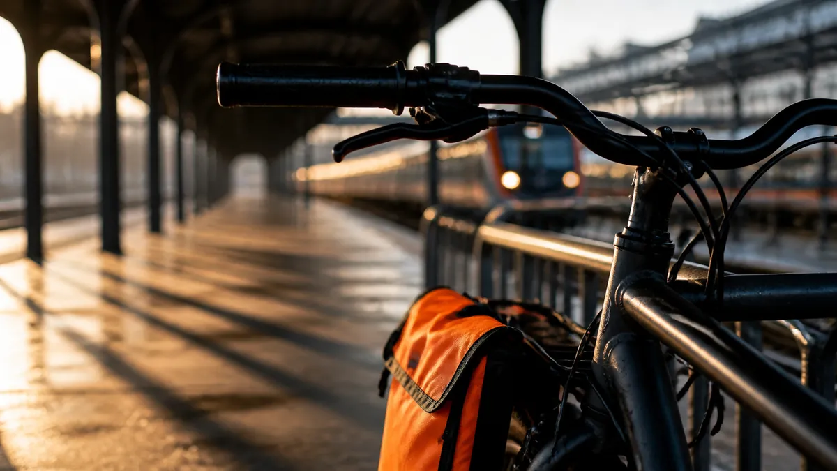Fiets gestald op een treinperron terwijl een trein binnenrijdt: fiets en trein combineren voor het woon-werktraject