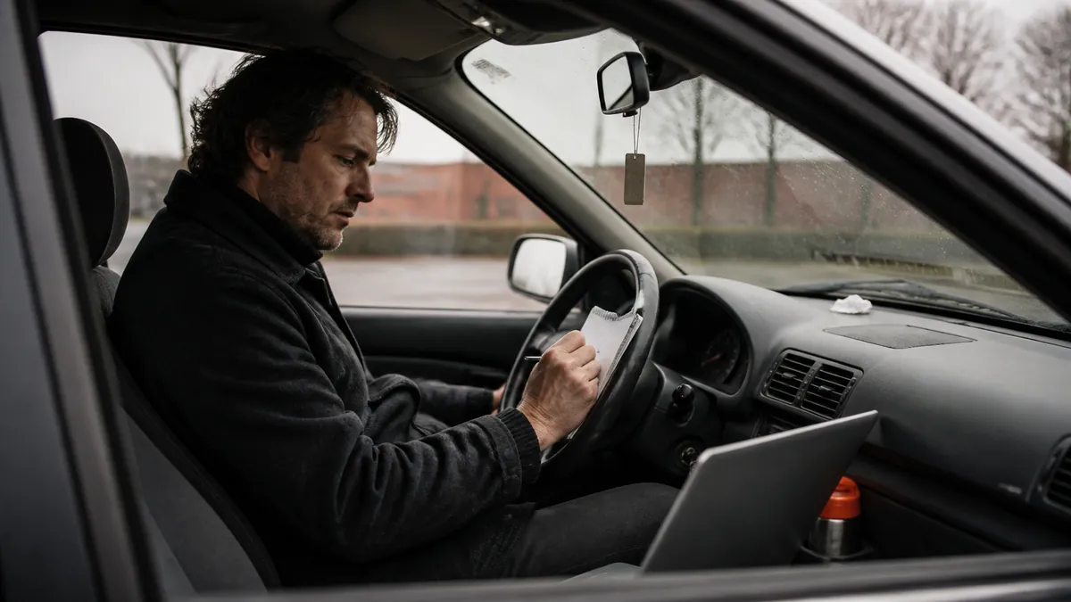 Zelfstandige noteert zijn ritgegevens in de auto voor hij naar de volgende klant rijdt